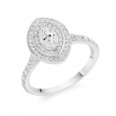 Marquise Cut Diamond Solitaire with Double Diamond Halo & Shoulders