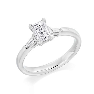 White Gold Emerald & Baguette Cut Diamond Trilogy Ring